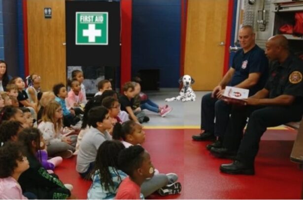 Firefighters reading to classroom